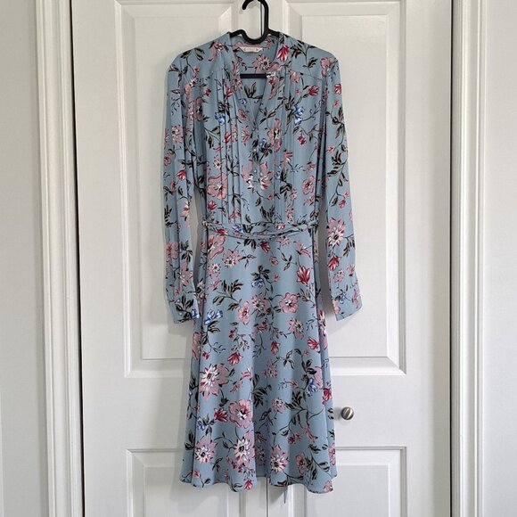 Nanette Lepore Blue + Pink Floral Long Sleeve Dress with tie belt - Picture 1 of 2